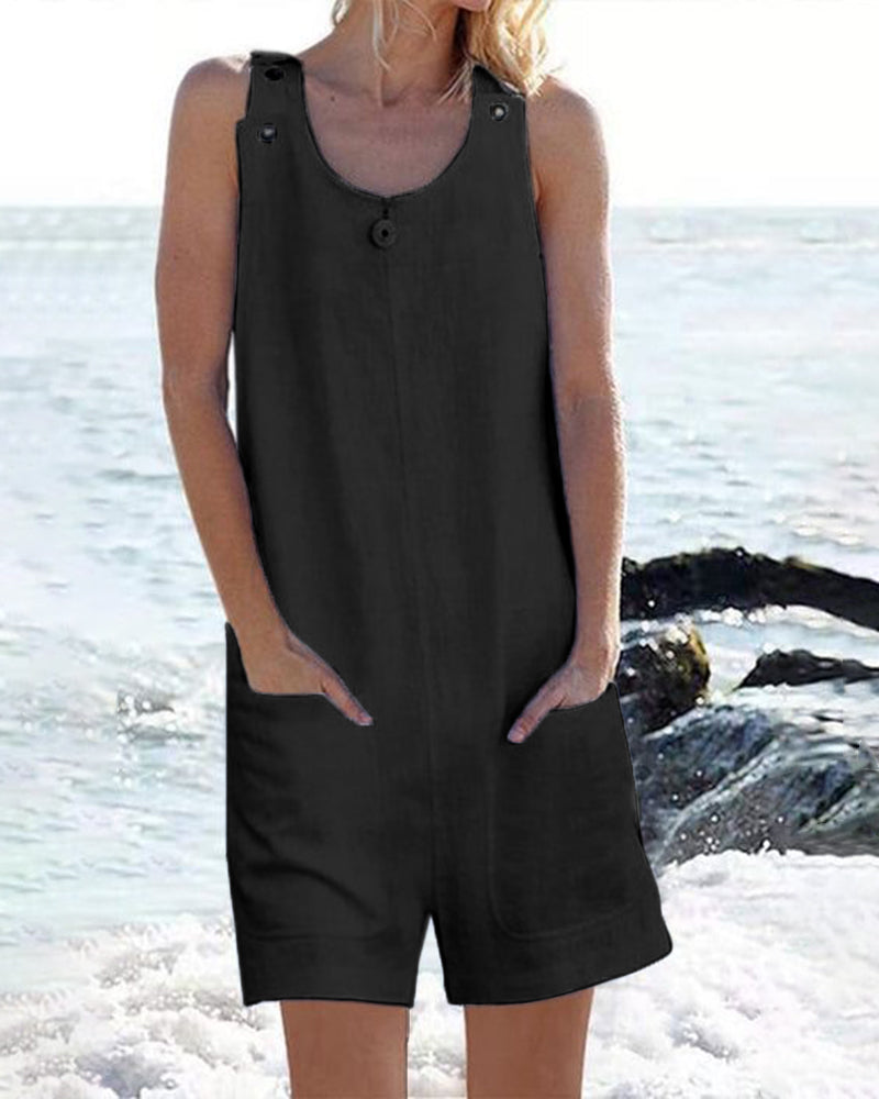 Black cotton pocket buttons shorts jumpsuit, casual style, perfect for leisure and daily wear.