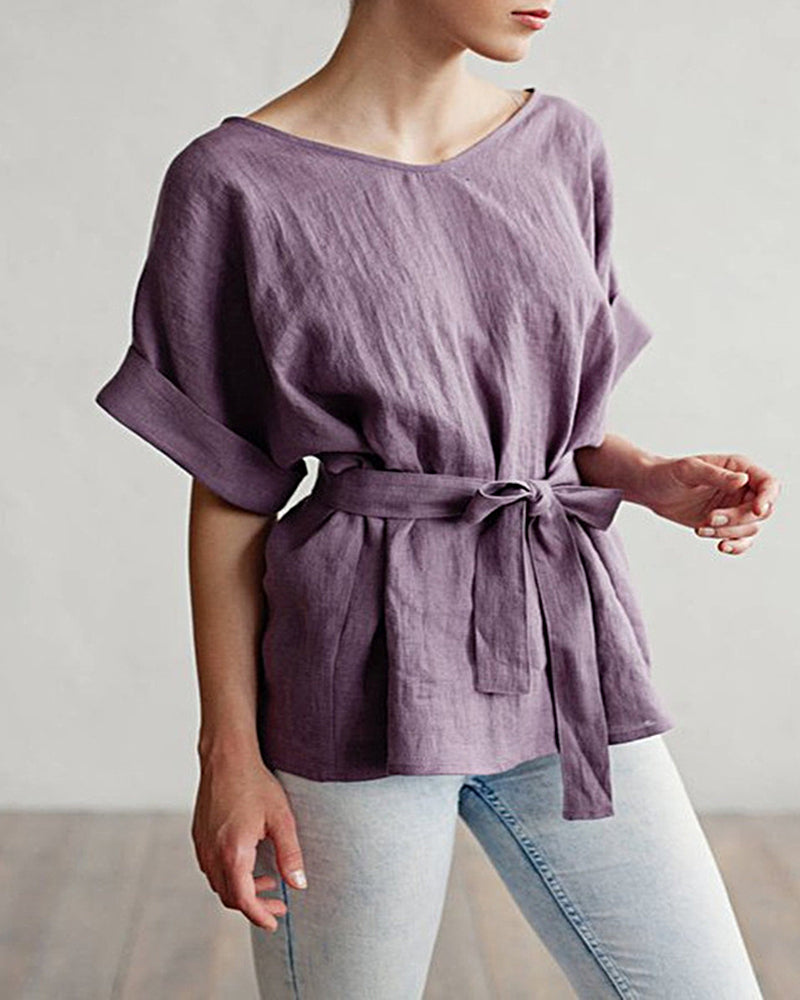 Tie Belt Loose Tunic Blouse Casual Half Sleeve Kimono V Neck Linen Top