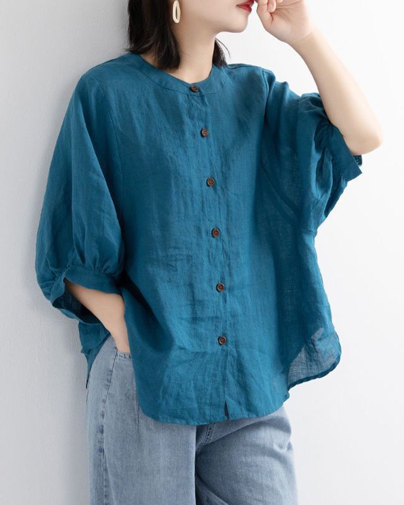 Teal Lantern Sleeve Retro Loose Shirt, button-down blouse, cotton-polyester blend, casual style