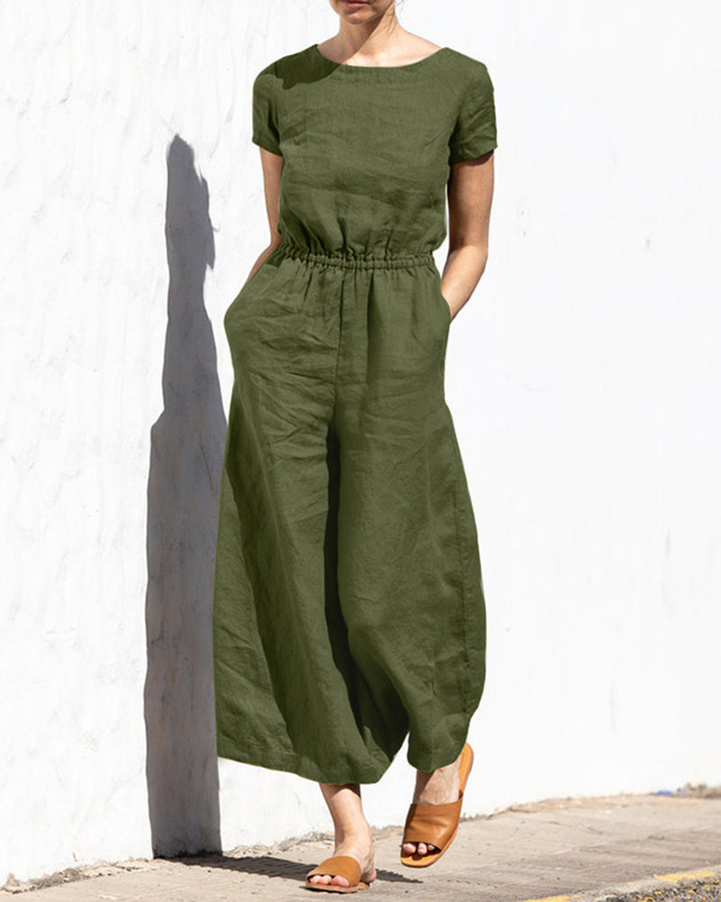 Olive green cotton linen wide leg jumpsuit with elastic waist, perfect for casual daily wear