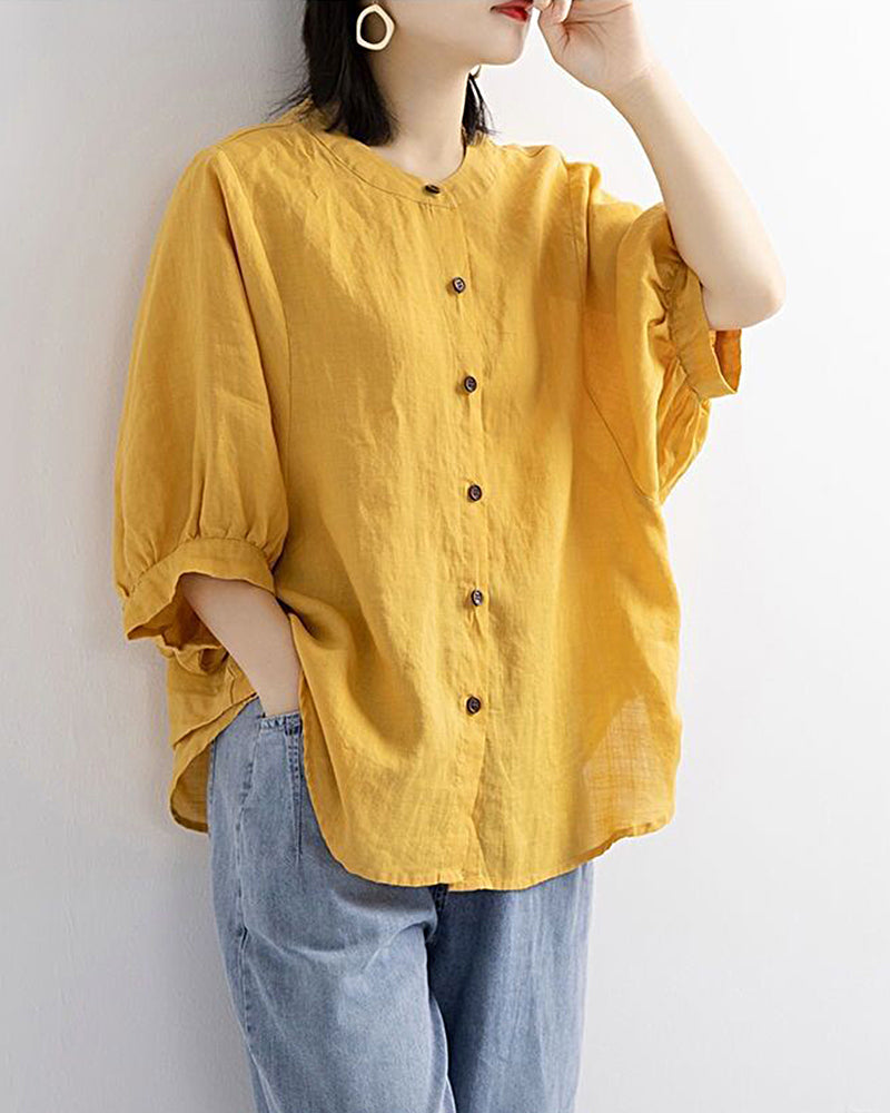 Yellow Lantern Sleeve Retro Loose Shirt, button-down blouse, cotton-polyester blend, casual style