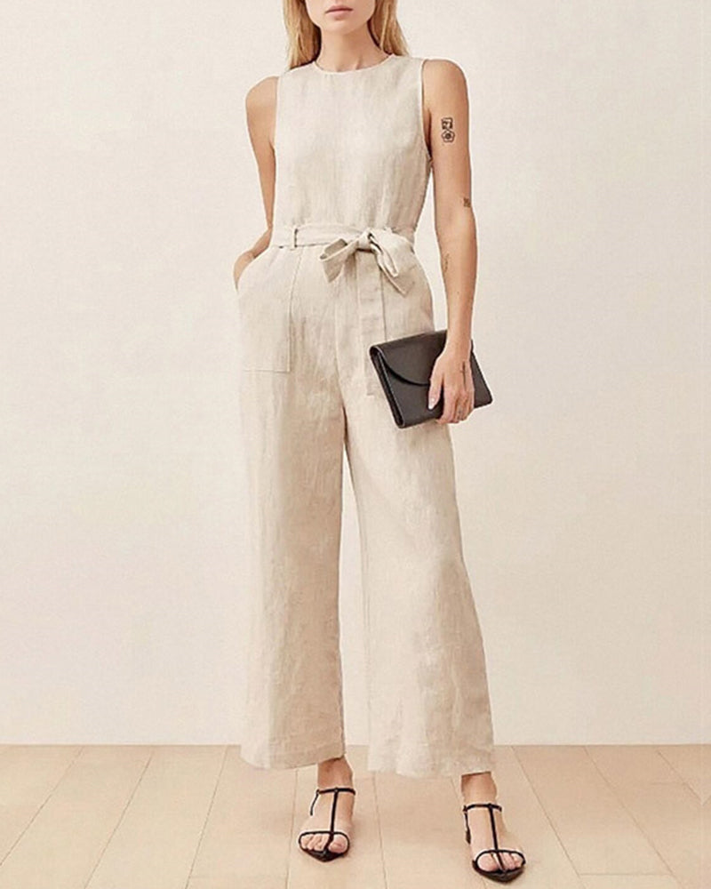 Beige linen pockets tie jumpsuit. Casual style, wide-leg design, perfect for daily wear.