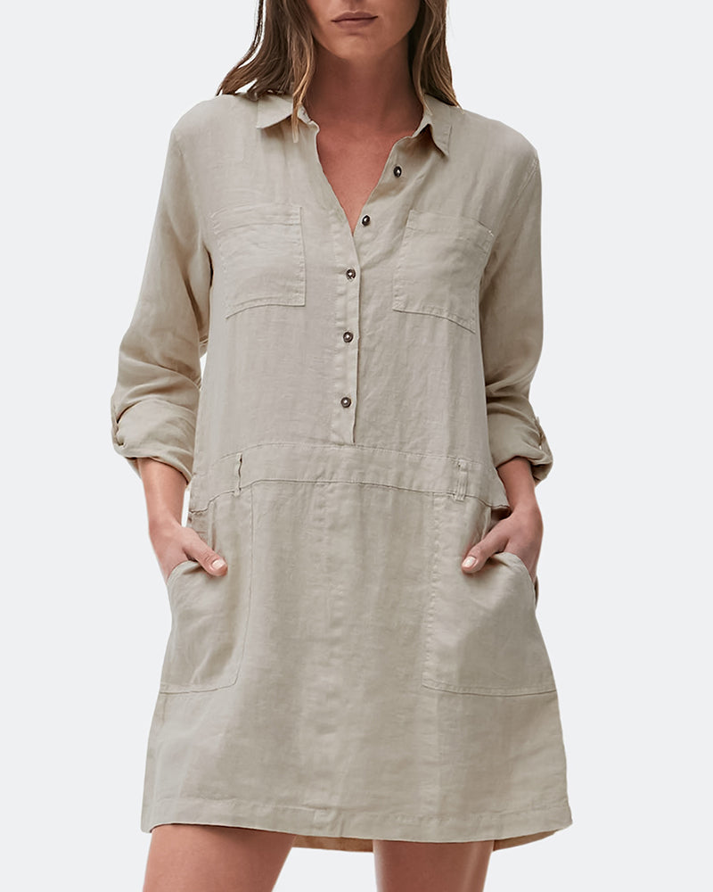Beige cotton linen midi dress with long sleeves and pockets, perfect for casual wear.