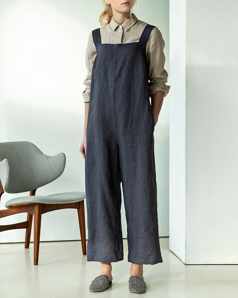 Dark gray linen overalls jumpsuit, casual style, hidden zipper, perfect for daily wear.