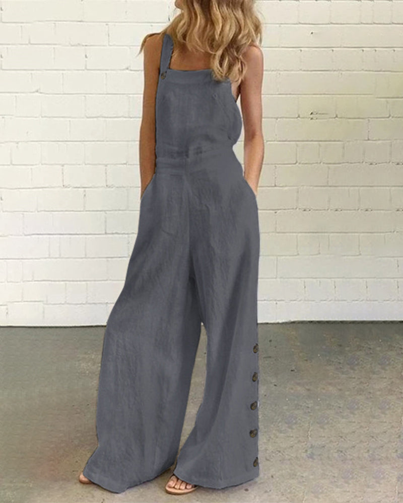 Gray wide leg bib pants romper made of cotton and linen blend, casual style