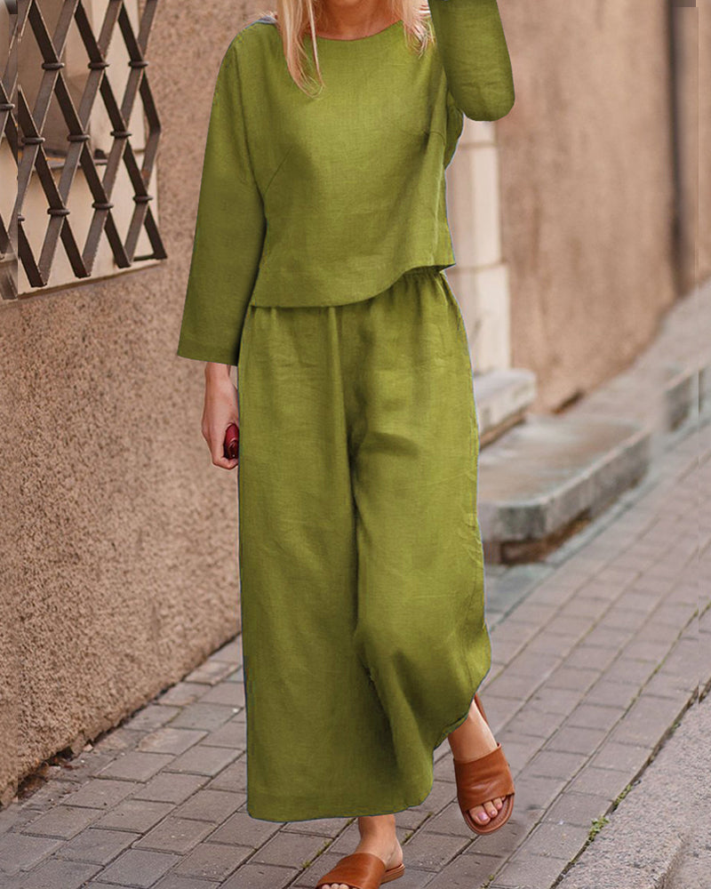 Green cotton linen two-piece set for women, long sleeve top and wide leg pants