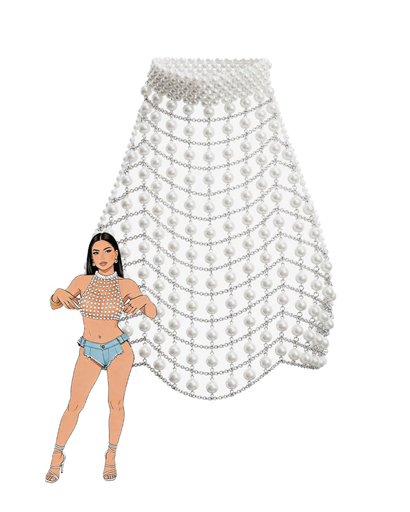 White beaded halter crop top with pearl chains and mesh fringe