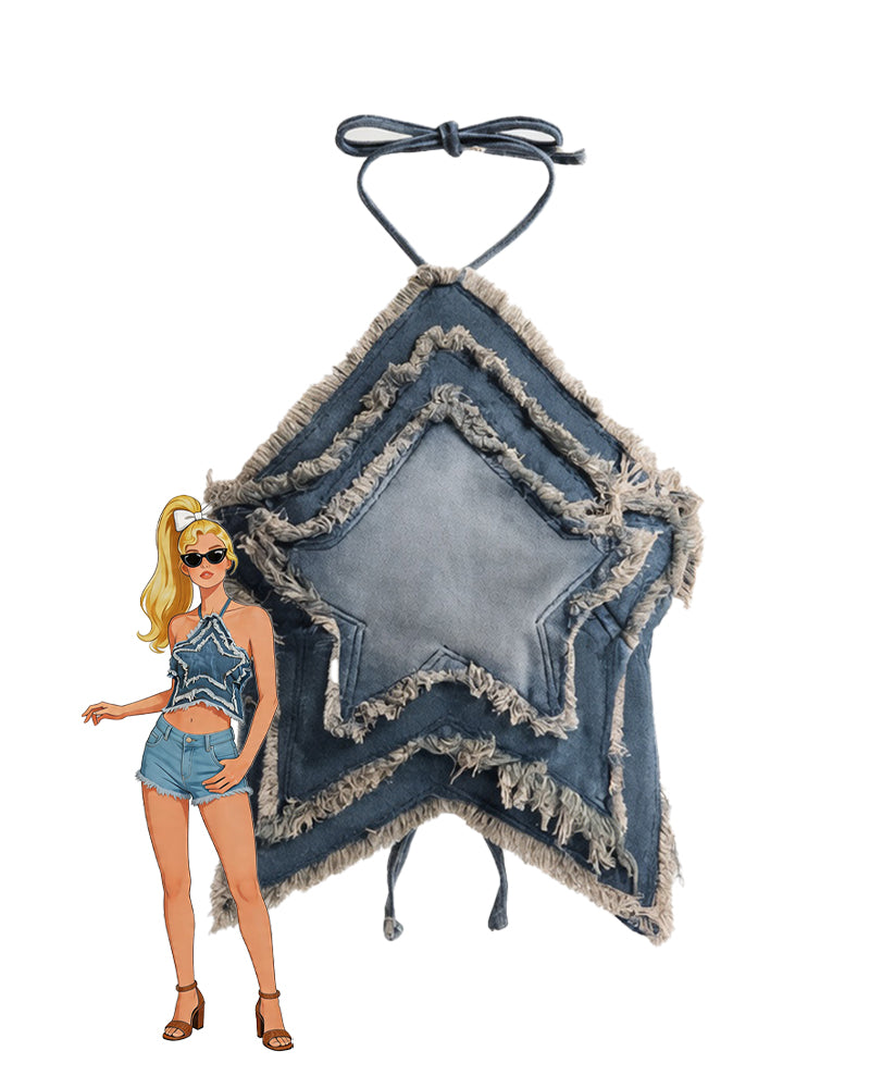 Layered blue denim star halter crop top with frayed fringe and tie neck