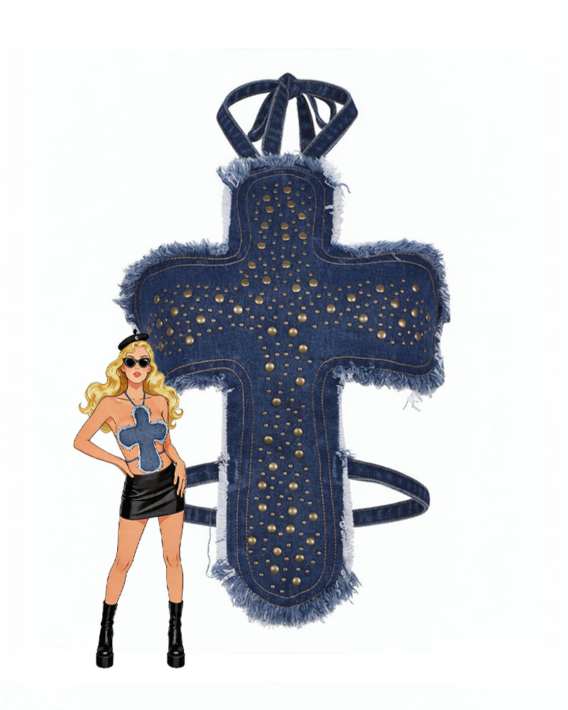 Studded denim halter crop top with cross front, frayed edges and tie straps