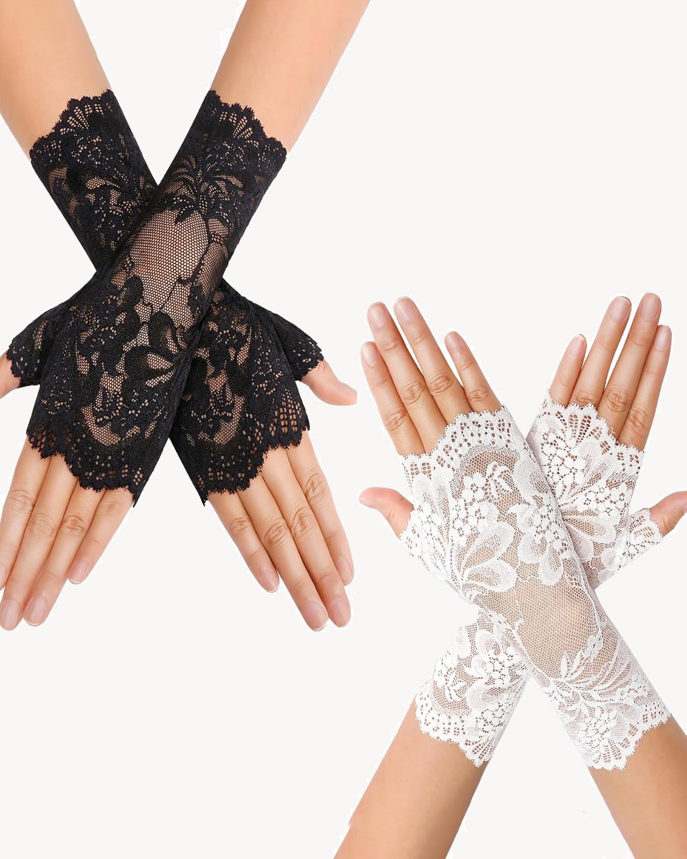 Fingerless lace gloves in black and white, featuring floral design, ideal for weddings