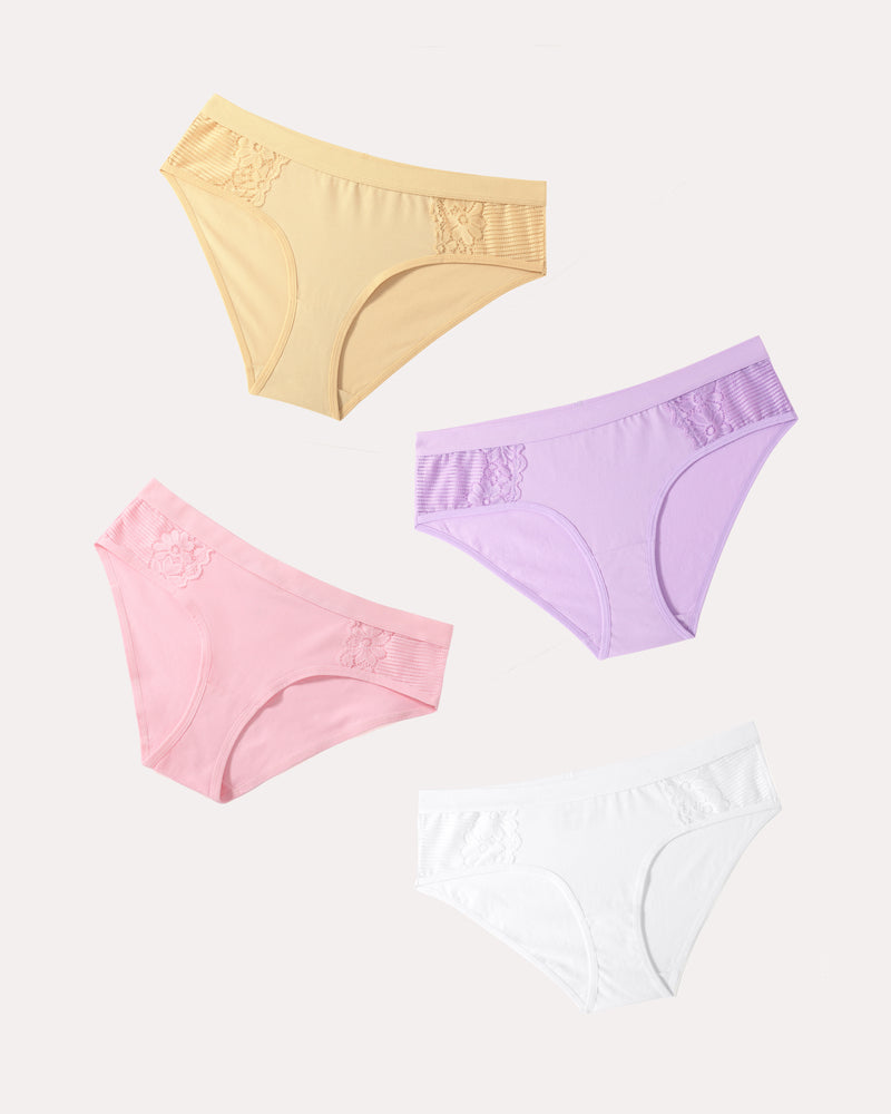 Cotton Hipster Tanga Brief Bikini Panties 4-Pack: Lace detail in beige, purple, pink, and white