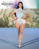 Light blue short-sleeve mesh bodysuit with high turtle neck