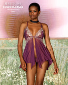 Purple lace-trim night dress with V neckline and front closure, sheer mesh yoke