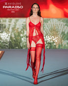 Red lace open-front V-neck camisole top with ruffle trim and thin straps