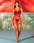 Red fishnet mesh chemise dress, sleeveless with V neckline and lace-trim hem.