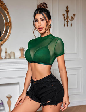 avidlove women mesh top sexy sheer crop tops see through short sleeve shirt with bra