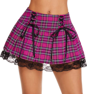 Women Pleated Plaid Mini Skirt Sexy Lace Trim Tartan A-Line Lace Up Front Skirt for Schoolgirl