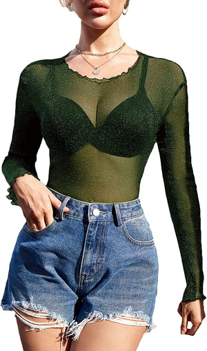 avidlove women mesh top long sleeve see through shirt sheer blouse o neck clubwear s xxl